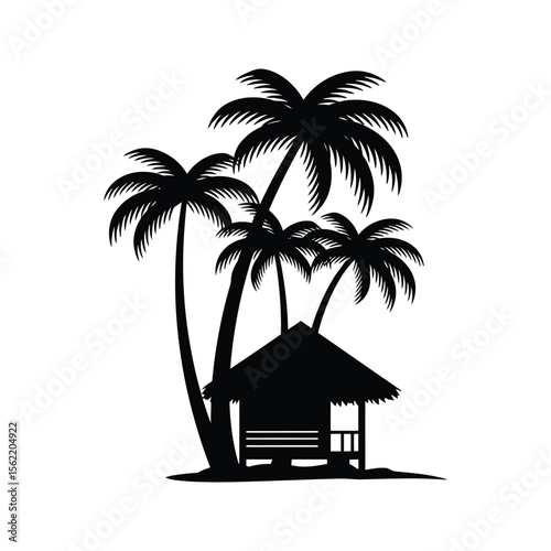 Tropical Beach Hut Silhouette Palm Trees Island Getaway Vacation Paradise