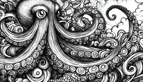 Detailed Octopus Ink Drawing Featuring Tentacles and Swirling Wave Patterns
