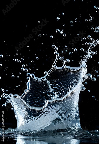 A dynamic splash of water erupts, displaying intricate details against black background.