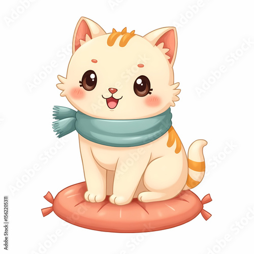 Cute cartoon kitten sitting and smiling in a cheerful red-themed illustration