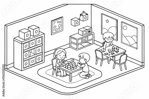 Line art coloring page of a classroom with children engaged in a group activity, like building blocks or drawing together