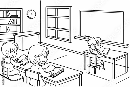 Line art coloring page of a classroom with children reading books quietly at their desks