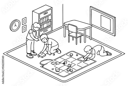 Line art coloring page of a classroom with children playing educational games on the floor