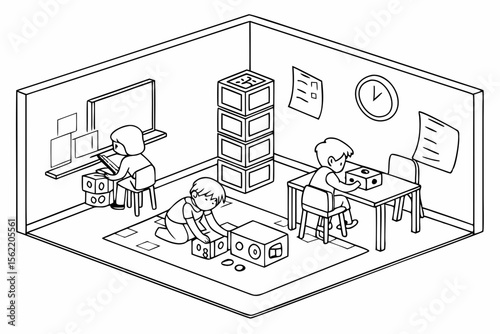 Line art coloring page of a classroom with children engaged in a group activity, like building blocks or drawing together
