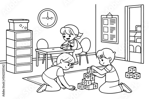 Line art coloring page of a classroom with children engaged in a group activity, like building blocks or drawing together