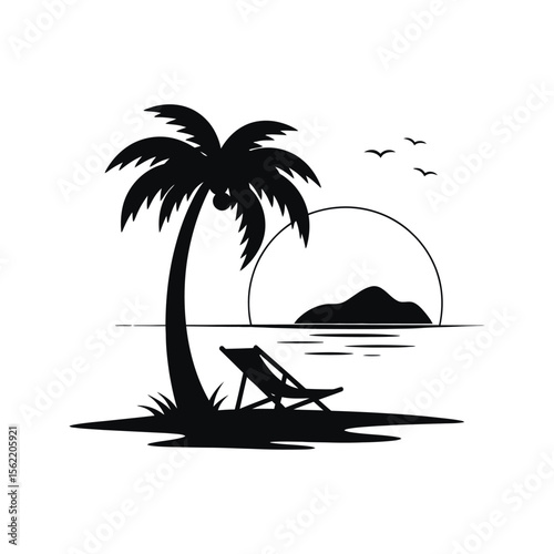 Tranquil Beach Sunset Palm Tree Lounger Ocean View Island Escape
