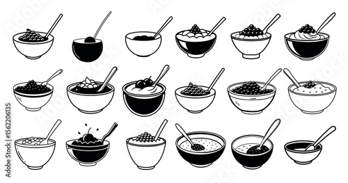 Black Silhouette of Acai Bowl with Spoon. Minimal Smooth Vector Design
