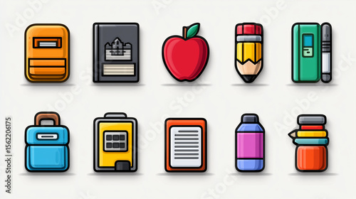 Colorful Minimalist Vector Icons Back to School Supplies, Education, Stationery