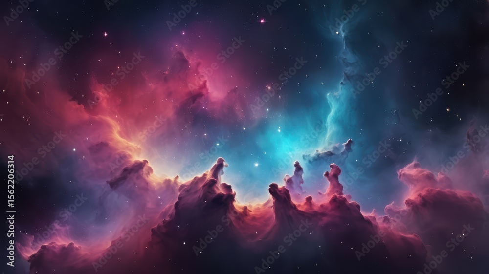 Fototapeta premium A vibrant nebula glows in the dark cosmos, showcasing a swirl of pink, purple, and blue hues among countless stars