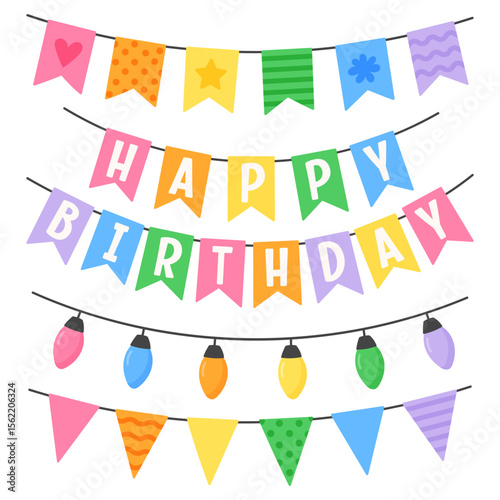 Colorful happy birthday bunting, festive lights and decorative flags on white background
