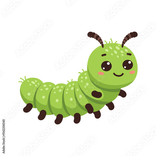 Cute caterpillar vector of a light green cartoon insect with fuzzy texture and happy expression