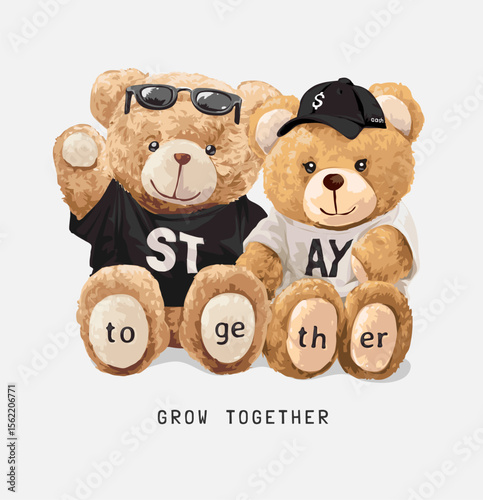 cute bear doll couple in t shirt vector illustration

