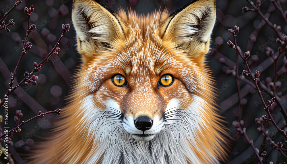 Fototapeta premium Close-up of a red fox with vivid amber eyes, surrounded by dark forest branches. A realistic and mystical animal portrait with intense gaze and rich fur detail. Part of the 