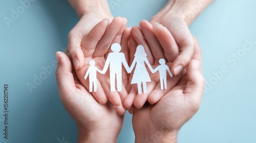 The family figures held in hands symbolize love and unity in nurturing relationships.