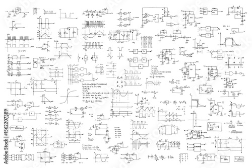 Series of handwritten formulas, electronic, electrical and telecommunications diagrams.