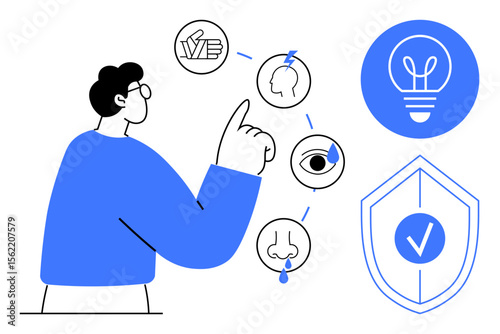 Person points to sensory and mental icons including brain, eye, nose, and lightbulb. Includes shield symbol for protection. Ideal for innovation, creativity, brainstorming, health inspiration