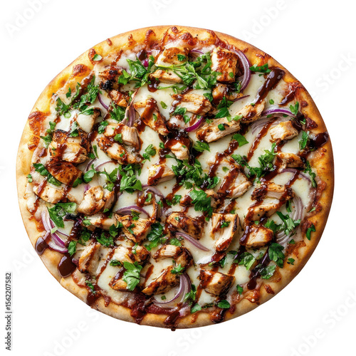 Delicious bbq chicken pizza with red onions and fresh parsley isolated on transparent background