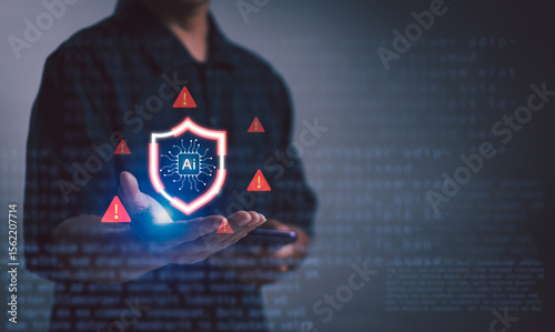 AI tech scam or cyber security warning concept, businessman using mobile phone showing data protection or warning about using AI technology to access software or online threats on internet