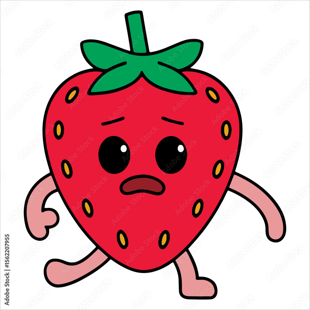Obraz premium Tired sad strawberry character in flat cartoon style vector. Cute fruit expression isolated on white, perfect for emoticons and food themed storytelling visuals.