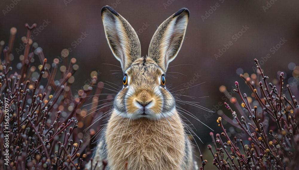 Fototapeta premium Close-up of a hare with vivid orange eyes and grey-reddish fur, framed by fantasy forest branches. A quietly intense portrait from the 