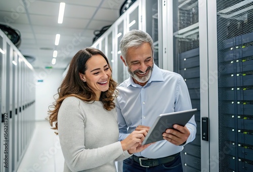 Diverse it professionals collaborate and smile while reviewing data on a tablet in a modern server room