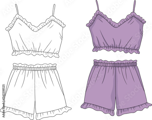 Women’s Ruffle Pajama Set Flat Fashion Technical Drawing – Front and Back Colored Vector Template.