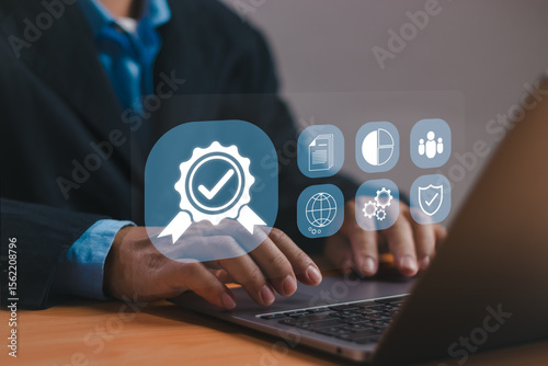 Concept of quality control, certification, quality assurance, service guarantee, Man working on laptop show management according to standard or business process requirements with virtual infographic