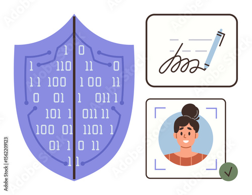Shield with binary code, pen signing document, face recognition. Ideal for cybersecurity, data protection, authentication, digital identity, privacy encryption secure access. Simple flat metaphor