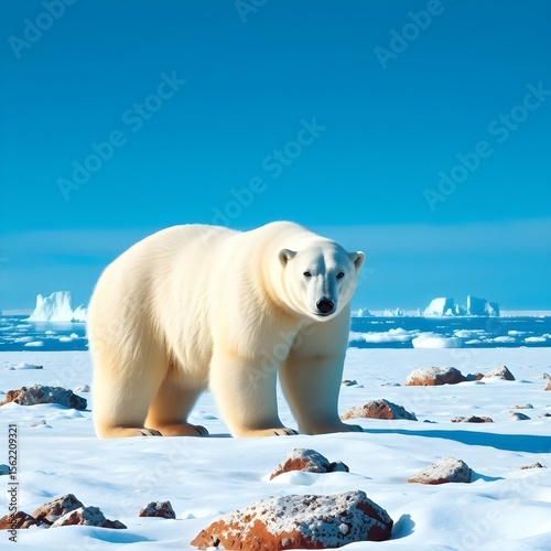 It depicts a polar bear standing proudly over a snowy landscape.