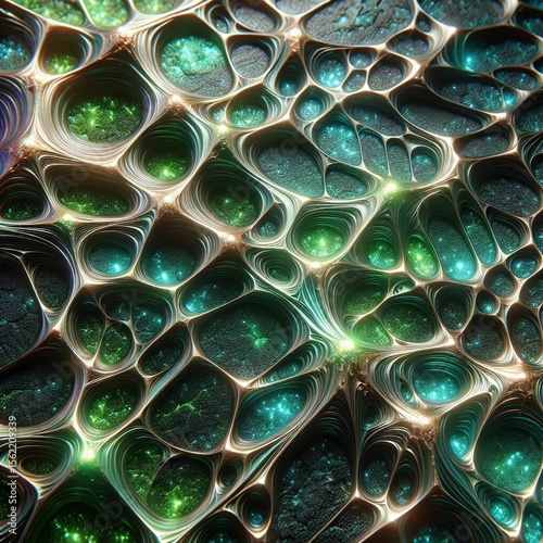 Abstract textured surface with vibrant teal and gold patterns