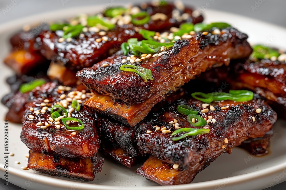 Close-up of plate of Galbi, Korean short ribs, glazed with sesame seeds and green onions. Concept of Galbi highlights rich glaze and vibrant colors, focusing on succulent textures. Close-up of plate of Galbi, Korean short ribs, glazed with sesame seeds and green onions. Concept of Galbi highlights rich glaze and vibrant colors, focusing on succulent textures.