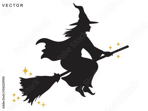 Silhouette of a witch flying on a broomstick vector illustration on a white background