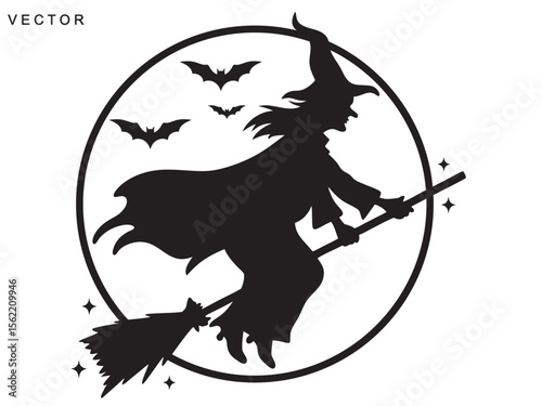 Silhouette of a witch flying on a broomstick vector illustration on a white background