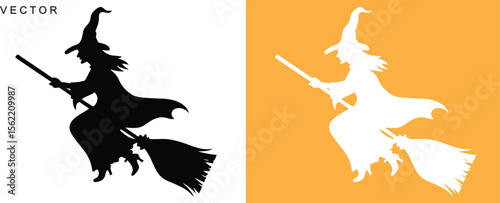 Silhouette of a witch flying on a broomstick vector illustration on a white background