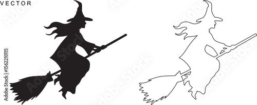 Silhouette of a witch flying on a broomstick vector illustration on a white background