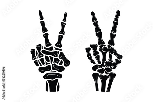 Skeleton hands making the peace sign against a white background