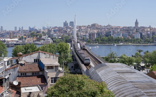 Photography Elevated view of Istanbul metro bridge and cityscape with Galata Tower