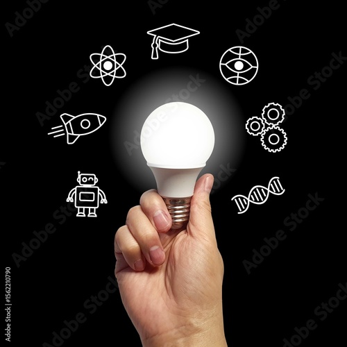 Hand holding glowing lightbulb with STEM-related icons around it, symbolizing ideas, innovation, education, and science on a black background.