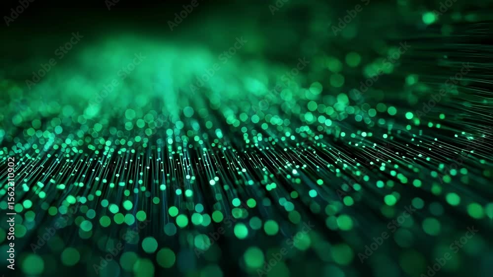Mesmerizing lines of defocused green bokeh create an otherworldly texture drawing the eye into a digital landscape reminiscent of the Matrix