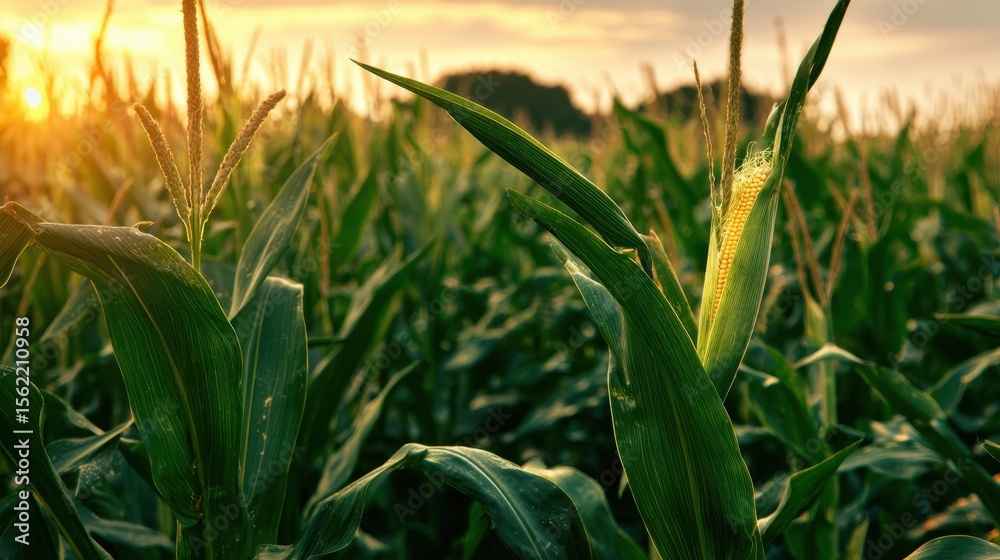 Fototapeta premium The golden corn towering over a sunlit field at sunset.