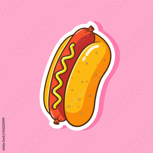 Sticker of delicious cartoon hot dog with mustard on a pink background