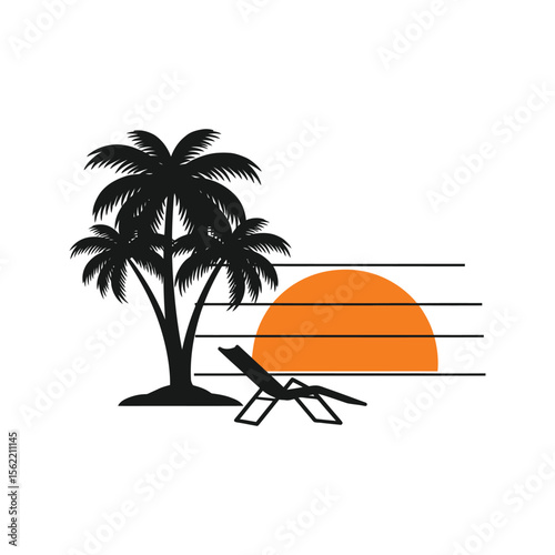 Beach Sunset Scene Palm Trees Lounger Ocean View Summer Vacation Tropical Paradise