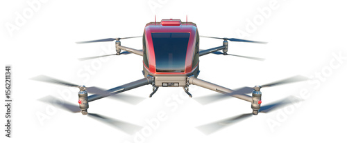 Red drone taxi isolated on transparent background. Air taxis: Drones (UAVs) designed for passenger transport. 3D illustration