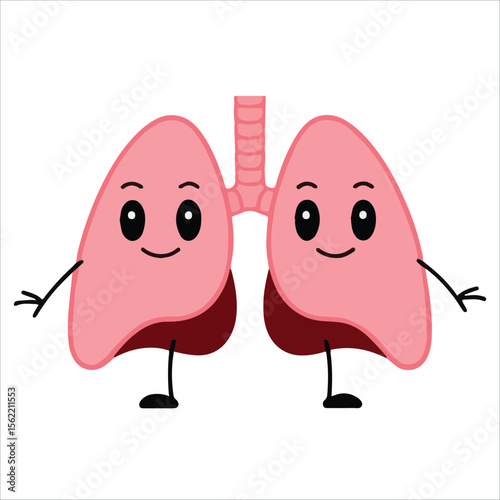 Strong smiling lungs character flat cartoon vector illustration. Cute organ character ideal for asthma education and children hospital branding concepts.