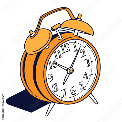 This illustration features a classic twin-bell alarm clock in orange and yellow hues. The time on the clock is about 10:07. The clock is slightly tilted and placed over a dark shadow.