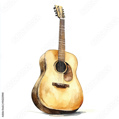 Watercolor Acoustic Guitar Depicted with Warm Tones and Detailed Texture