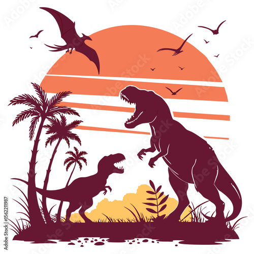 Two Roaring T-Rex Dinosaurs and Pterodactyls at Sunset with Palm Trees