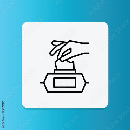 Icon of a hand pulling a wipe from a package. Represents how to use wet wipes easily.