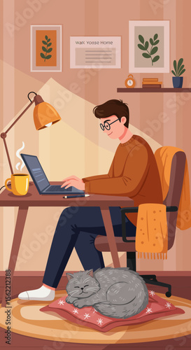 A student wearing glasses and a brown sweater is working diligently on his laptop at a wooden desk bathed in warm sunlight creating a cozy atmosphere perfect for focused study and productive work from