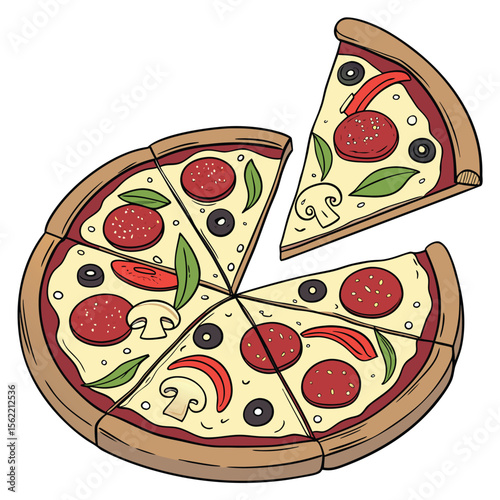 Delicious pizza slice with toppings and crust in vibrant cmyk colors